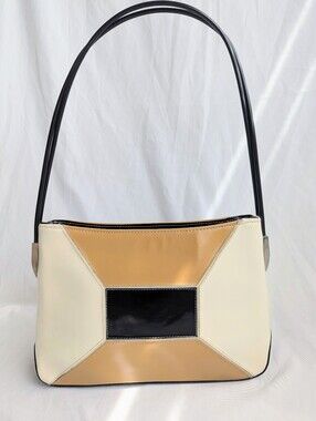 Vintage KGB Company Colorblock Shoulder Bag Cream Tan Black Geometric Purse